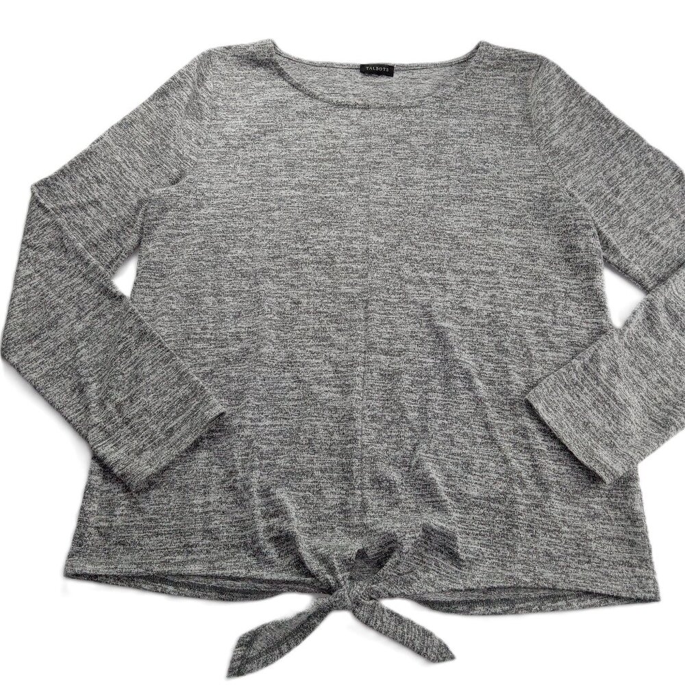 Talbots Women's Tie Front Knit Top Size Medium Gray Silver Metallic Long Sleeve